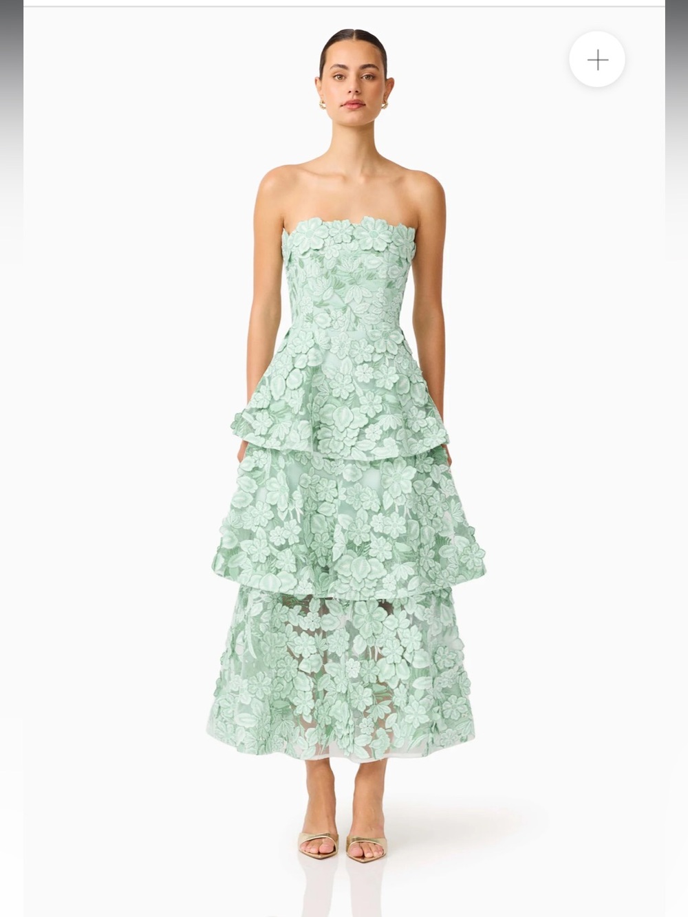 elliatt roseate green 3d floral lace applique strapless tiered maxi dress large - Picture 13 of 14